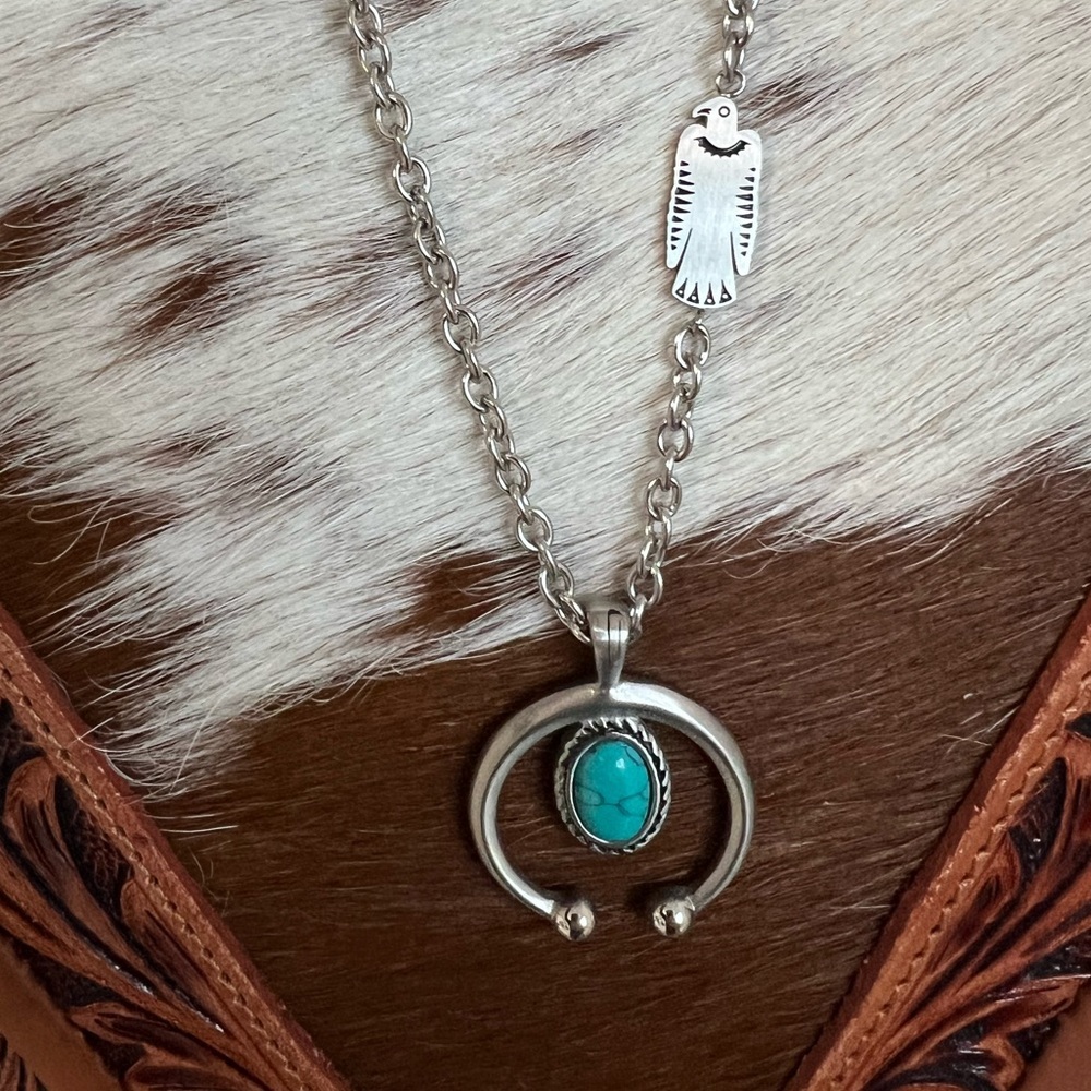 New Genuine Stainless Steel Western Faux Turquoise Naja Silver Boho Necklace